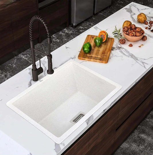 Fossa 18"x16"x09" Quartz Single Bowl Kitchen Sink | White Non-fading Colour with UV Protection | Natural Stone Quartz/Granite Sink with Sink Coupling, Waste Pipe & Strainer Basket