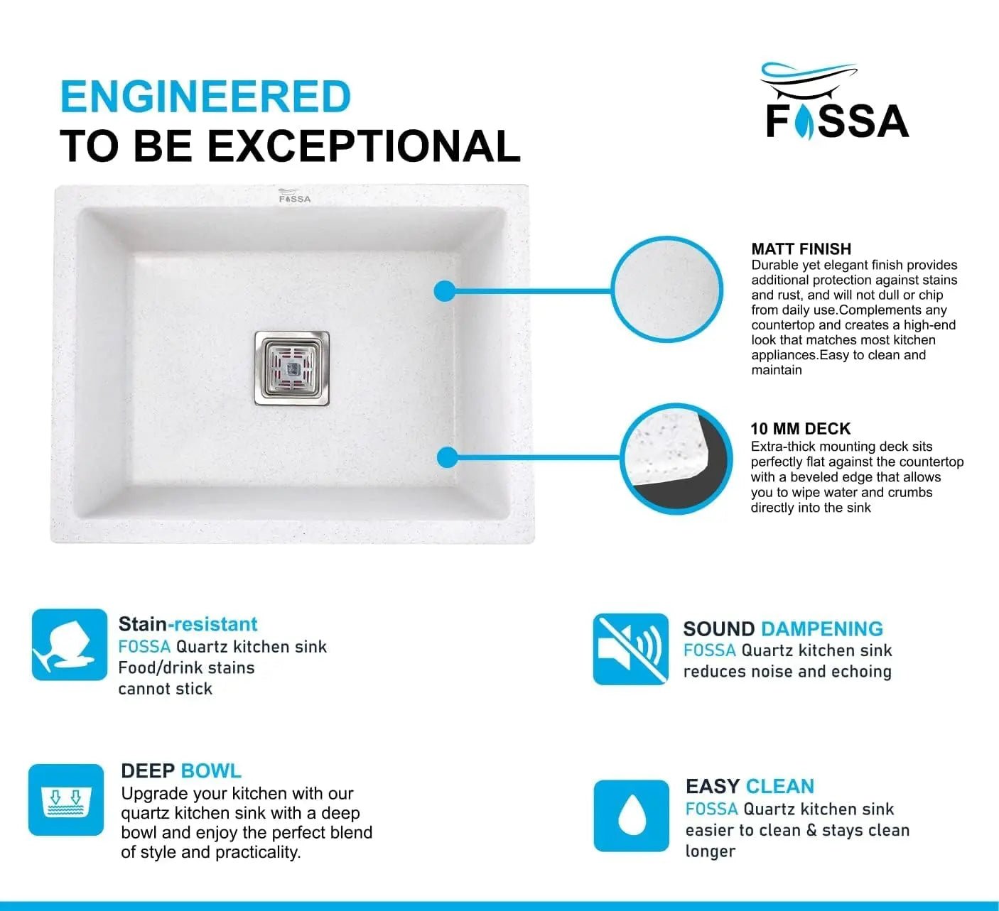 Fossa 18"x16"x09" Quartz Single Bowl Kitchen Sink | White Non-fading Colour with UV Protection | Natural Stone Quartz/Granite Sink with Sink Coupling, Waste Pipe & Strainer Basket