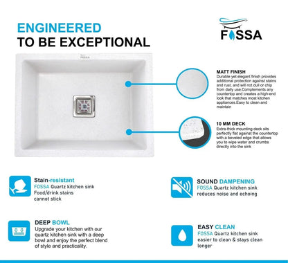 Fossa 18"x16"x09" Quartz Single Bowl Kitchen Sink | White Non-fading Colour with UV Protection | Natural Stone Quartz/Granite Sink with Sink Coupling, Waste Pipe & Strainer Basket