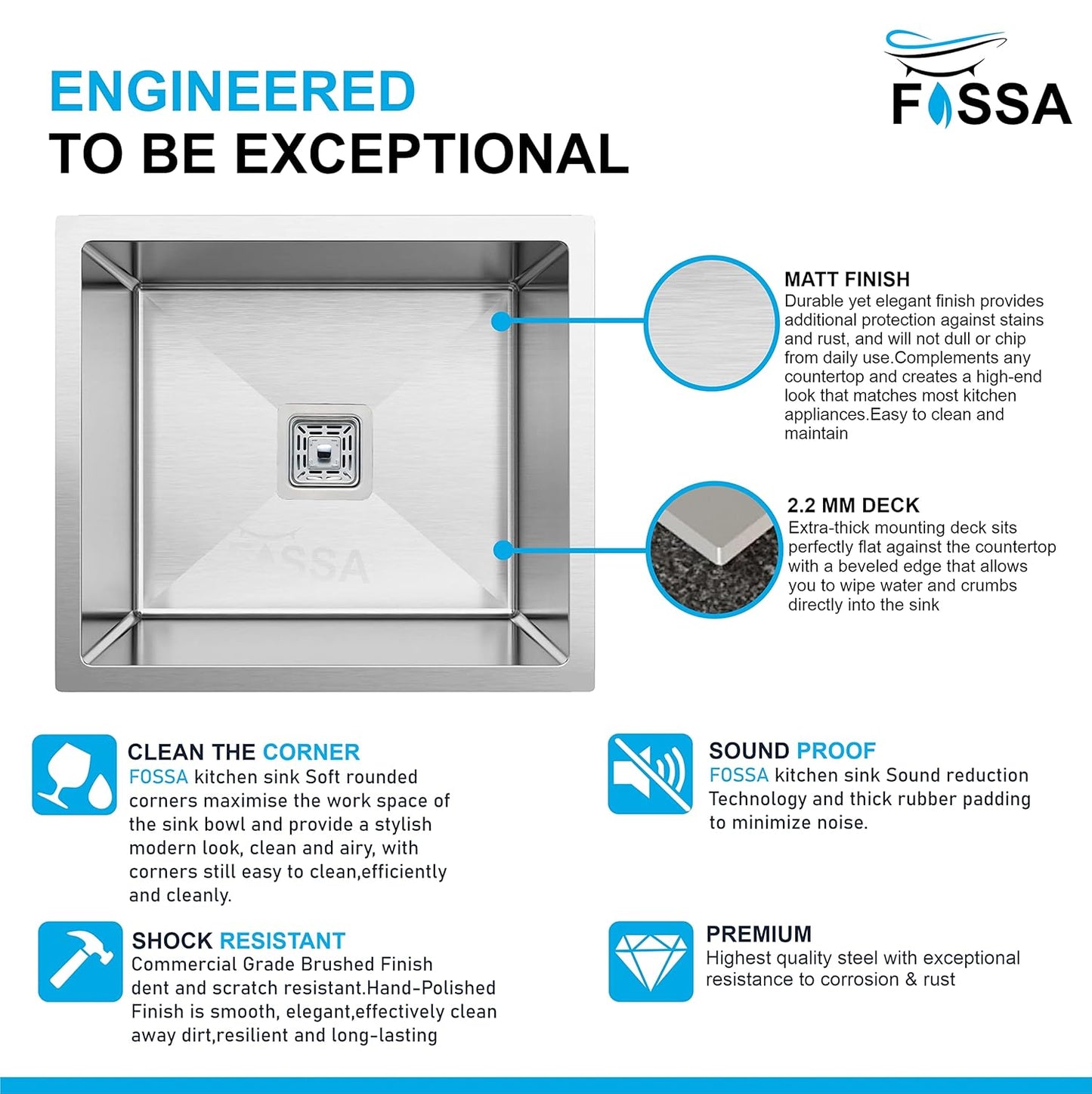 Fossa 18"x18"x09" inch Single Bowl Premium Stainless Steel Handmade Kitchen Sink (Matte Finish) Silver