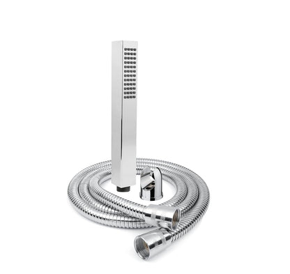 Chrome shower head with hose on a white background