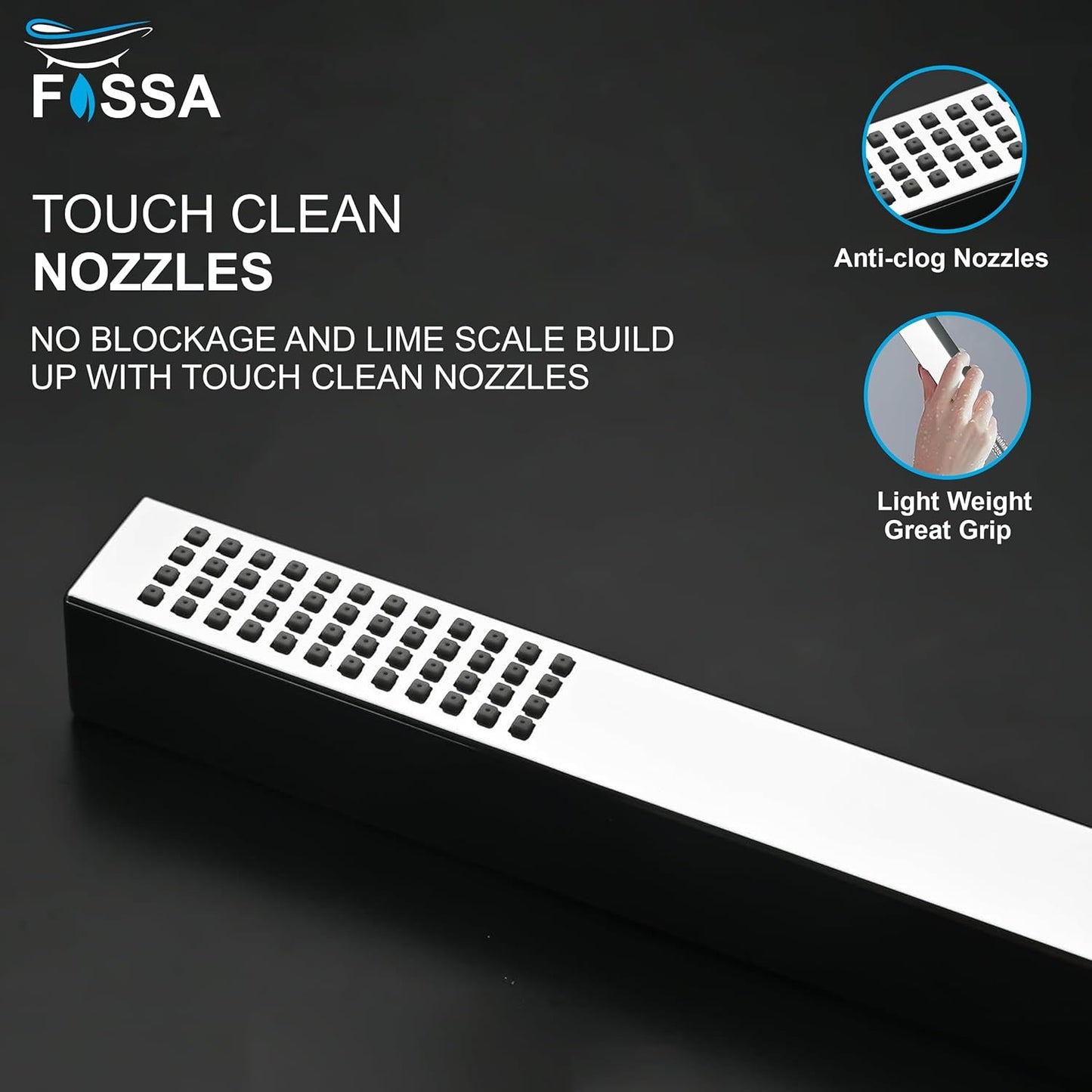 Fossa Hexa Square ABS Hand-Held Shower with 1.5 Mtr Hose Pipe and Wall Hook for Bathroom, High Pressure Shower Set Chrome Finish (Hand Shower Set)