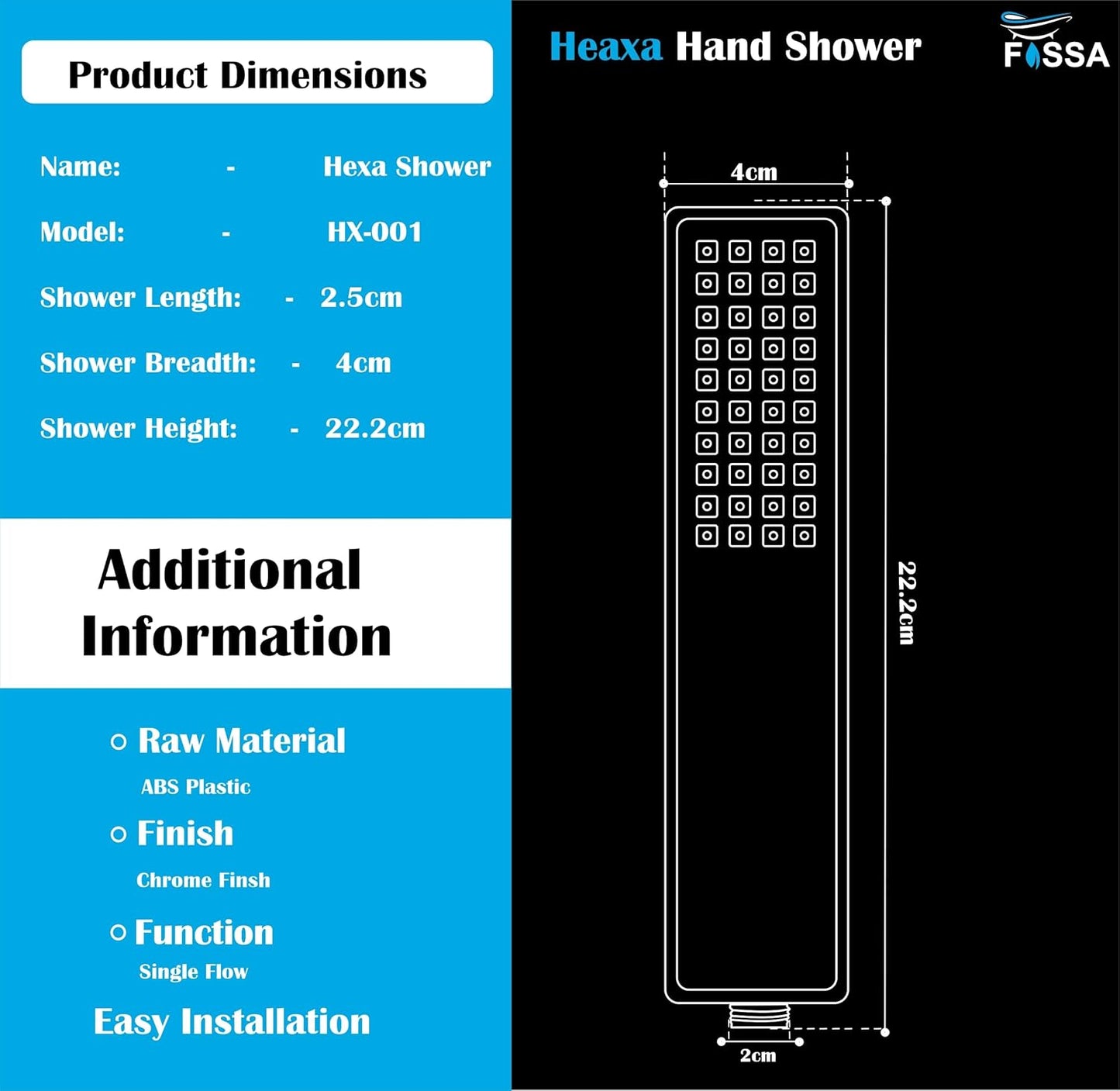 Fossa Hexa Square ABS Hand-Held Shower with 1.5 Mtr Hose Pipe and Wall Hook for Bathroom, High Pressure Shower Set Chrome Finish (Hand Shower Set)