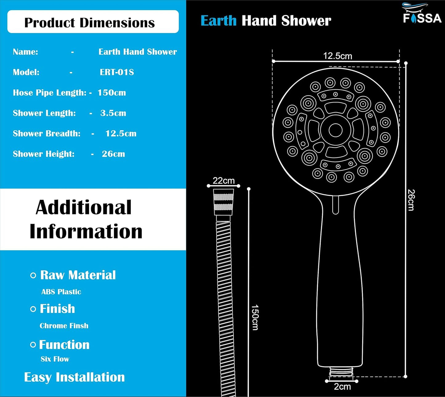 Fossa Earth Hand Shower – 6 Spray Modes, ABS Body with 1.5 Meter Stainless Steel Hose Pipe & Hook | High Pressure Bathroom Hand Shower Chrome Finish