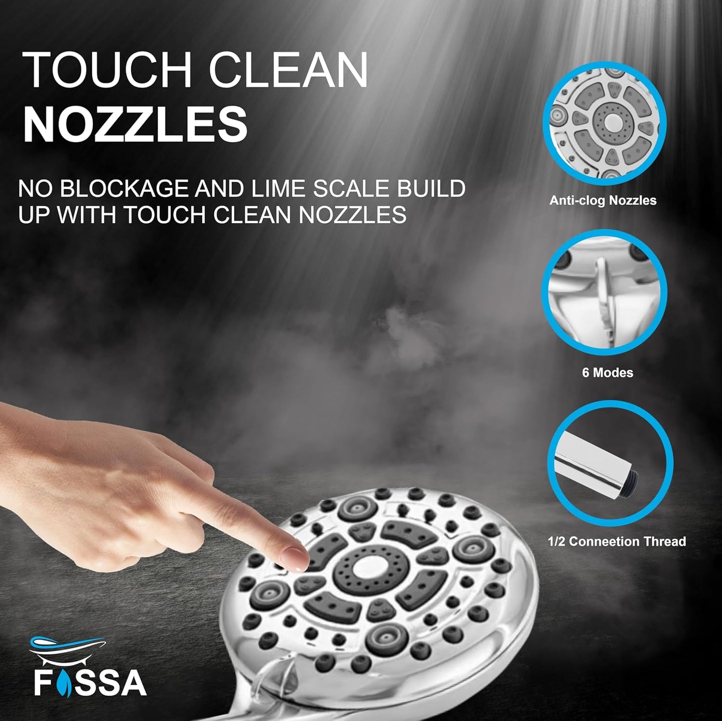 Fossa Earth Hand Shower – 6 Spray Modes, ABS Body with 1.5 Meter Stainless Steel Hose Pipe & Hook | High Pressure Bathroom Hand Shower Chrome Finish