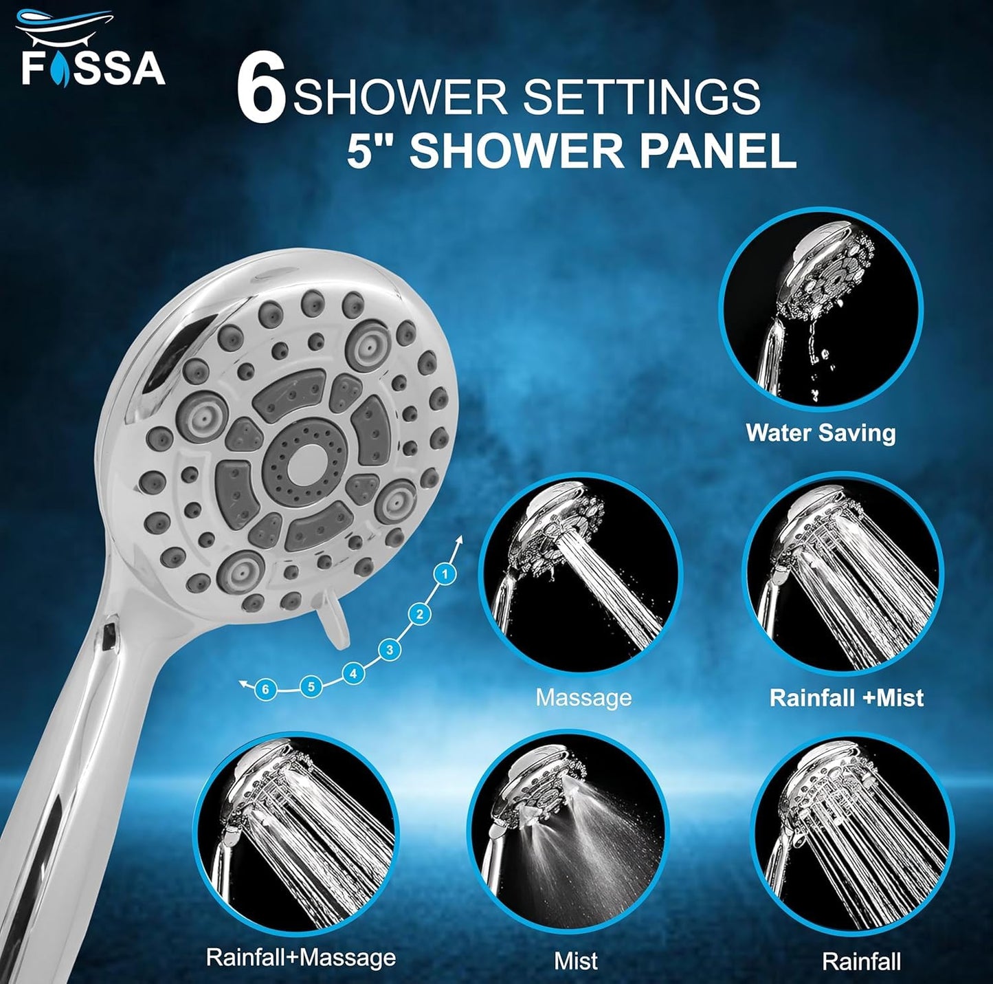 Fossa Earth Hand Shower – 6 Spray Modes, ABS Body with 1.5 Meter Stainless Steel Hose Pipe & Hook | High Pressure Bathroom Hand Shower Chrome Finish