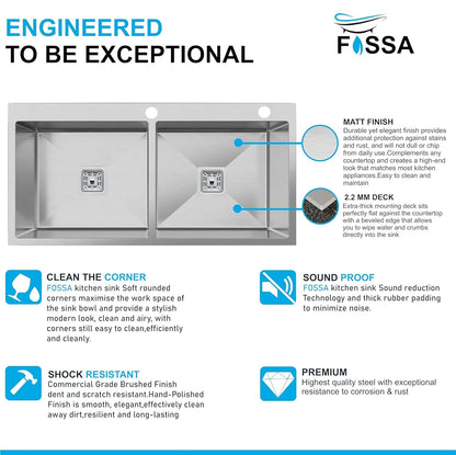 FOSSA kitchen sink with features highlighted on a white background