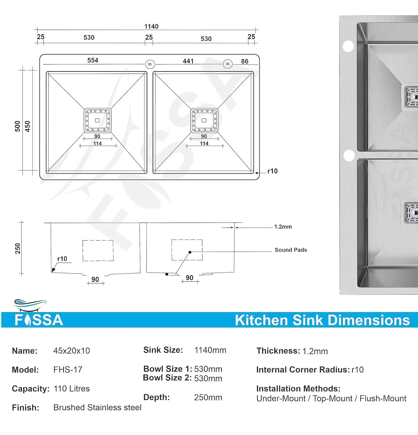 Technical drawing and dimensions of a Fossa kitchen sink with a close-up on the sink's design.
