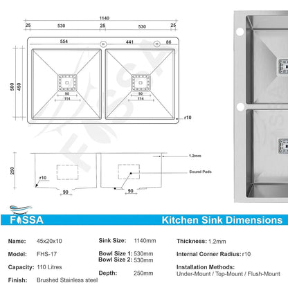 Technical drawing and dimensions of a Fossa kitchen sink with a close-up on the sink's design.