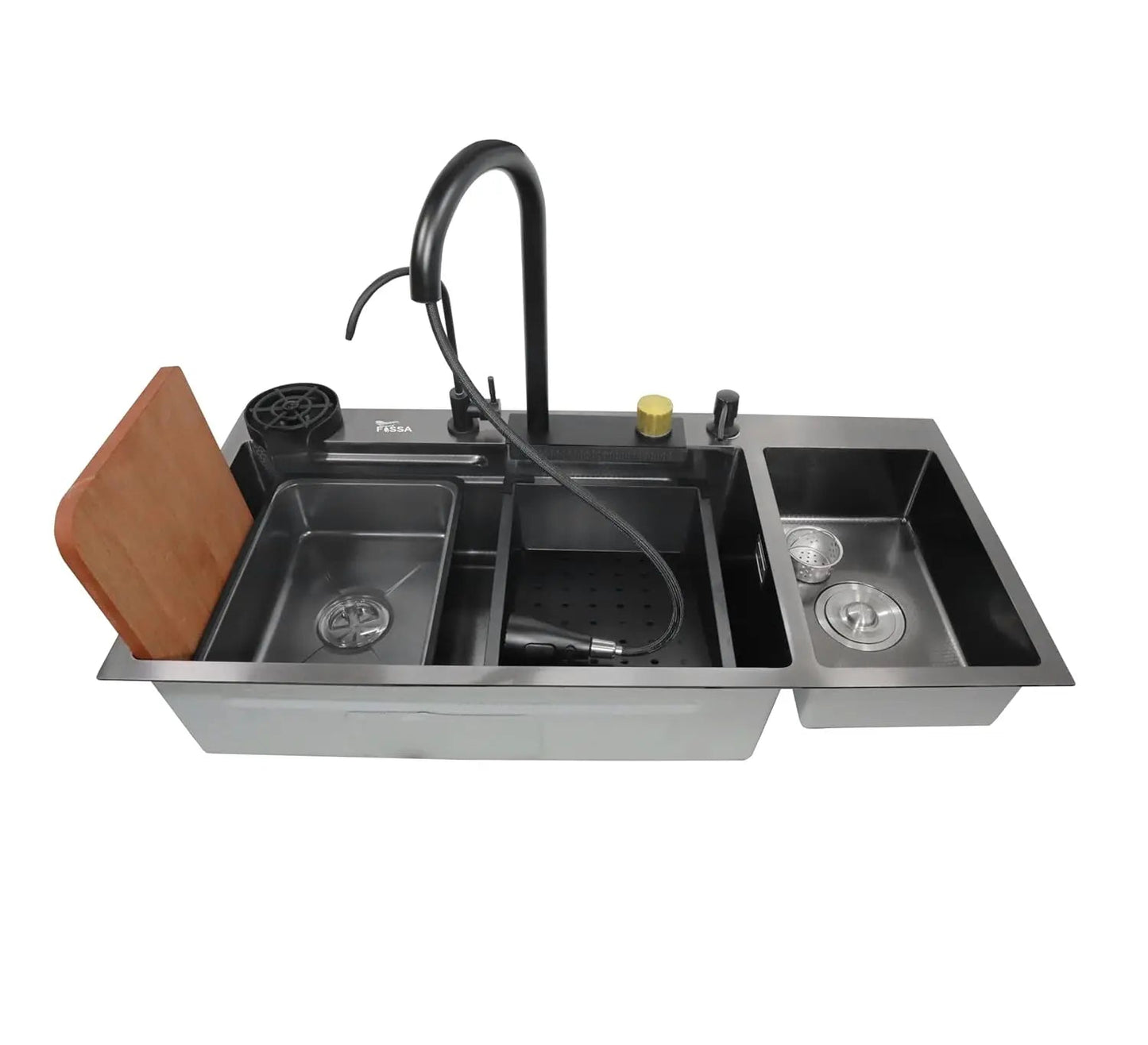 Fossa 37"x18"x09" Premium Double Bowl Waterfall Kitchen Sink Honeycomb Embossed Sink with Black Nano Coating, Stainless Steel, Rectangular Workstation, Faucet with Included All Accessories. (Black)