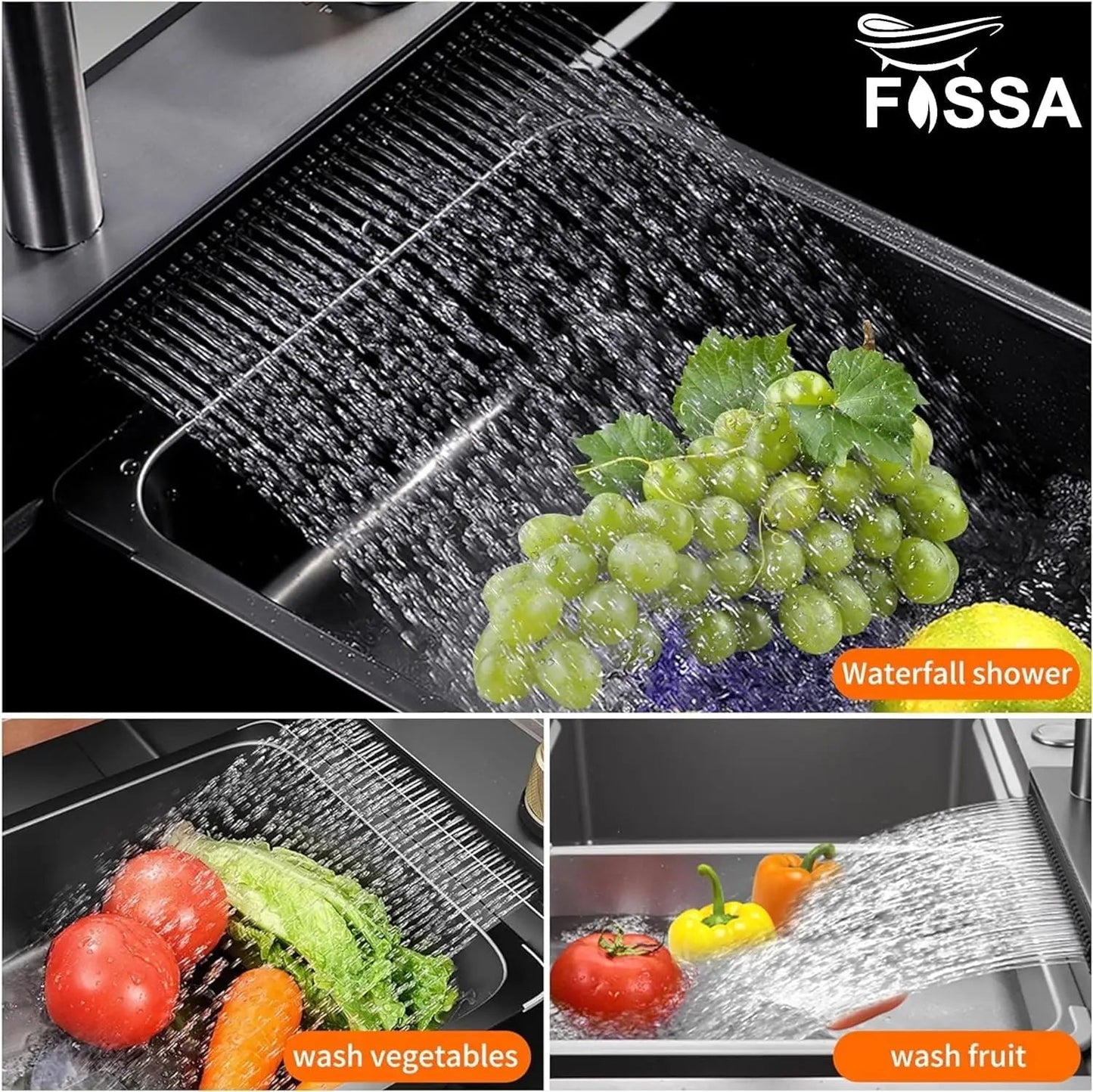 Fossa 37"x18"x09" Premium Double Bowl Waterfall Kitchen Sink Honeycomb Embossed Sink with Black Nano Coating, Stainless Steel, Rectangular Workstation, Faucet with Included All Accessories. (Black)