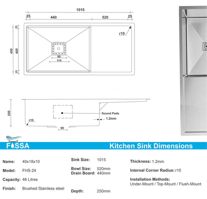 Fossa 40"x18"10" Inch Single Bowl With Drain Board SS-304 Grade Stainless Steel Handmade Kitchen Sink Matte Finish