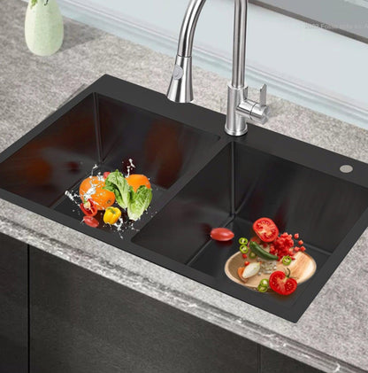 Fossa 45"x20"x10" Double Bowl With Tap Hole 304 Grade  Stainless Steel Handmade Kitchen Sink Matte Finish Black