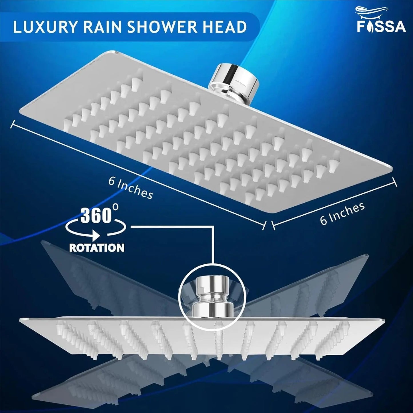 Fossa 6X6 Inch Rain Shower - Fossa Square High Pressure Shower Head Made of 304 Stainless Steel (Without ARM Finish)