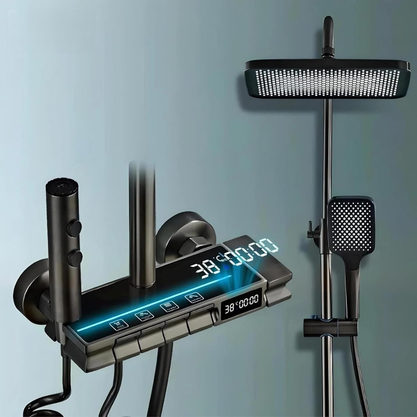 Digital Thermostatic Rainfall Shower System | 4-Function Brass Shower Set with LED Temperature Display & Adjustable Hand Shower