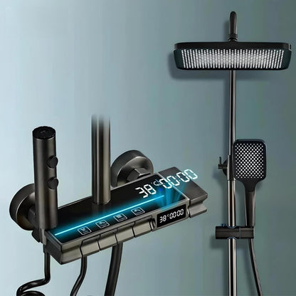 Digital Thermostatic Rainfall Shower System | 4-Function Brass Shower Set with LED Temperature Display & Adjustable Hand Shower