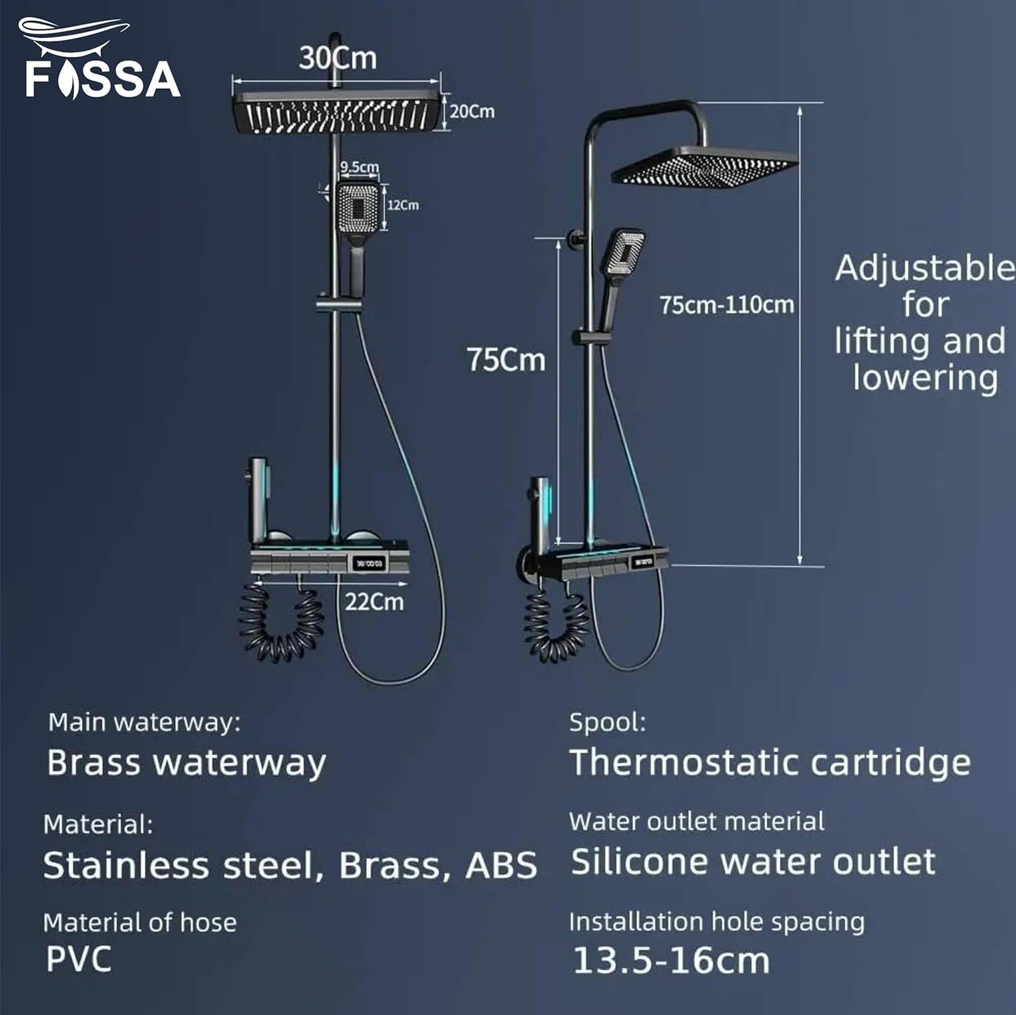 Digital Thermostatic Rainfall Shower System | 4-Function Brass Shower Set with LED Temperature Display & Adjustable Hand Shower