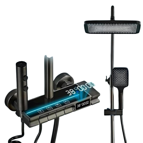 Digital Thermostatic Rainfall Shower System | 4-Function Brass Shower Set with LED Temperature Display & Adjustable Hand Shower