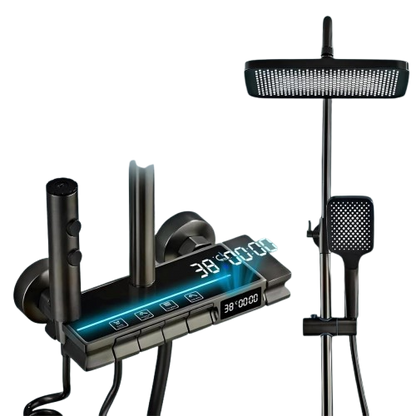 Digital Thermostatic Rainfall Shower System | 4-Function Brass Shower Set with LED Temperature Display & Adjustable Hand Shower