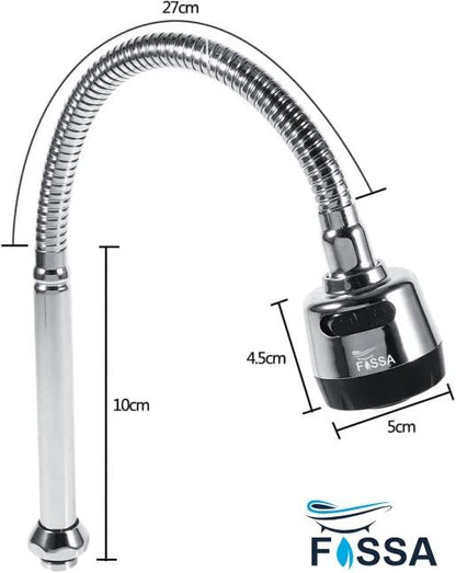 Fossa kitchen faucet with flexible hose and measurements on a white background