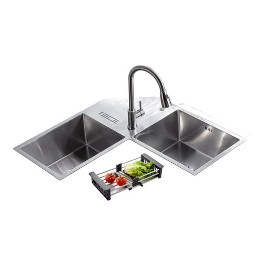 Fossa Corner Sink 36"x36"x10" Double Bowl With Drain Board SS-304 grade Handmade Kitchen Sink