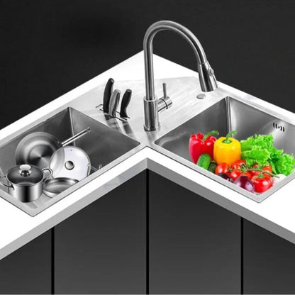 Fossa Corner Sink 36"x36"x10" Double Bowl With Drain Board SS-304 grade Handmade Kitchen Sink