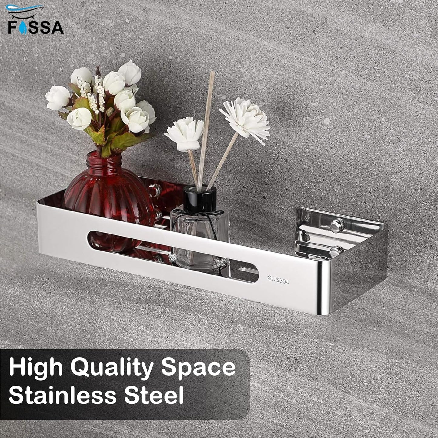 Stainless steel wall shelf with decorative items on a gray background, featuring the Fossa brand.