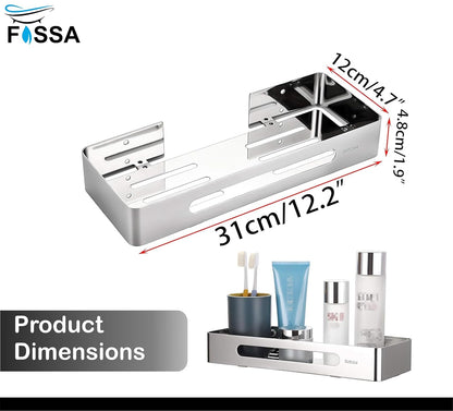 Metal wall-mounted shelf with dimensions and Fossa branding on a white background