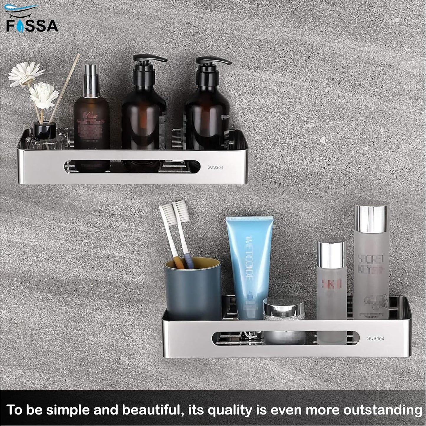 Bathroom shelves with toiletries on a textured gray wall, featuring the Fossa brand.