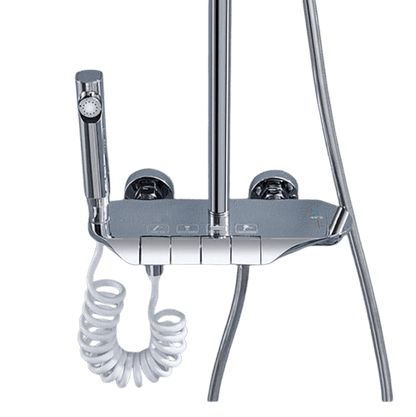 Fossa Shower System Thermostatic Shower Faucet Set Wall Mount Rain Shower Combo Set with Piano and Shower Tub Spout, Handheld Sprayer, 10 Inch Rain Shower Head, Bidet Spray, Chrome Finish