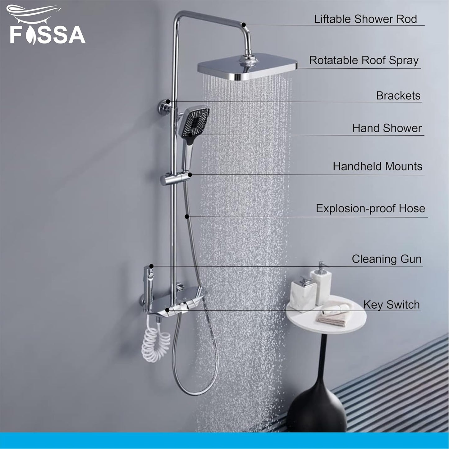 Fossa Shower System Thermostatic Shower Faucet Set Wall Mount Rain Shower Combo Set with Piano and Shower Tub Spout, Handheld Sprayer, 10 Inch Rain Shower Head, Bidet Spray, Chrome Finish