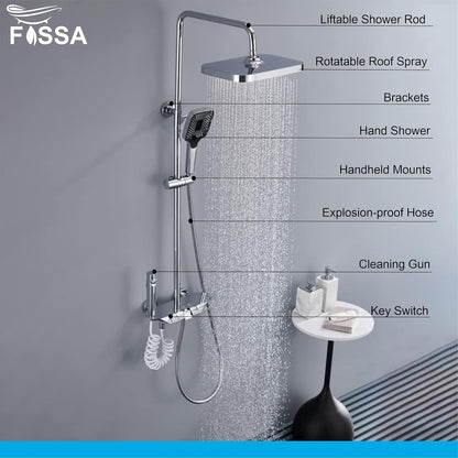 Fossa Shower System Thermostatic Shower Faucet Set Wall Mount Rain Shower Combo Set with Piano and Shower Tub Spout, Handheld Sprayer, 10 Inch Rain Shower Head, Bidet Spray, Chrome Finish