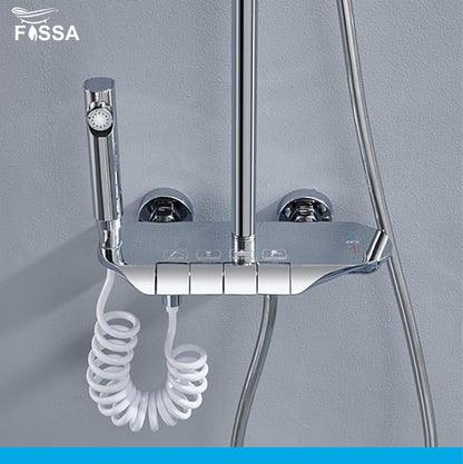 Fossa Shower System Thermostatic Shower Faucet Set Wall Mount Rain Shower Combo Set with Piano and Shower Tub Spout, Handheld Sprayer, 10 Inch Rain Shower Head, Bidet Spray, Chrome Finish